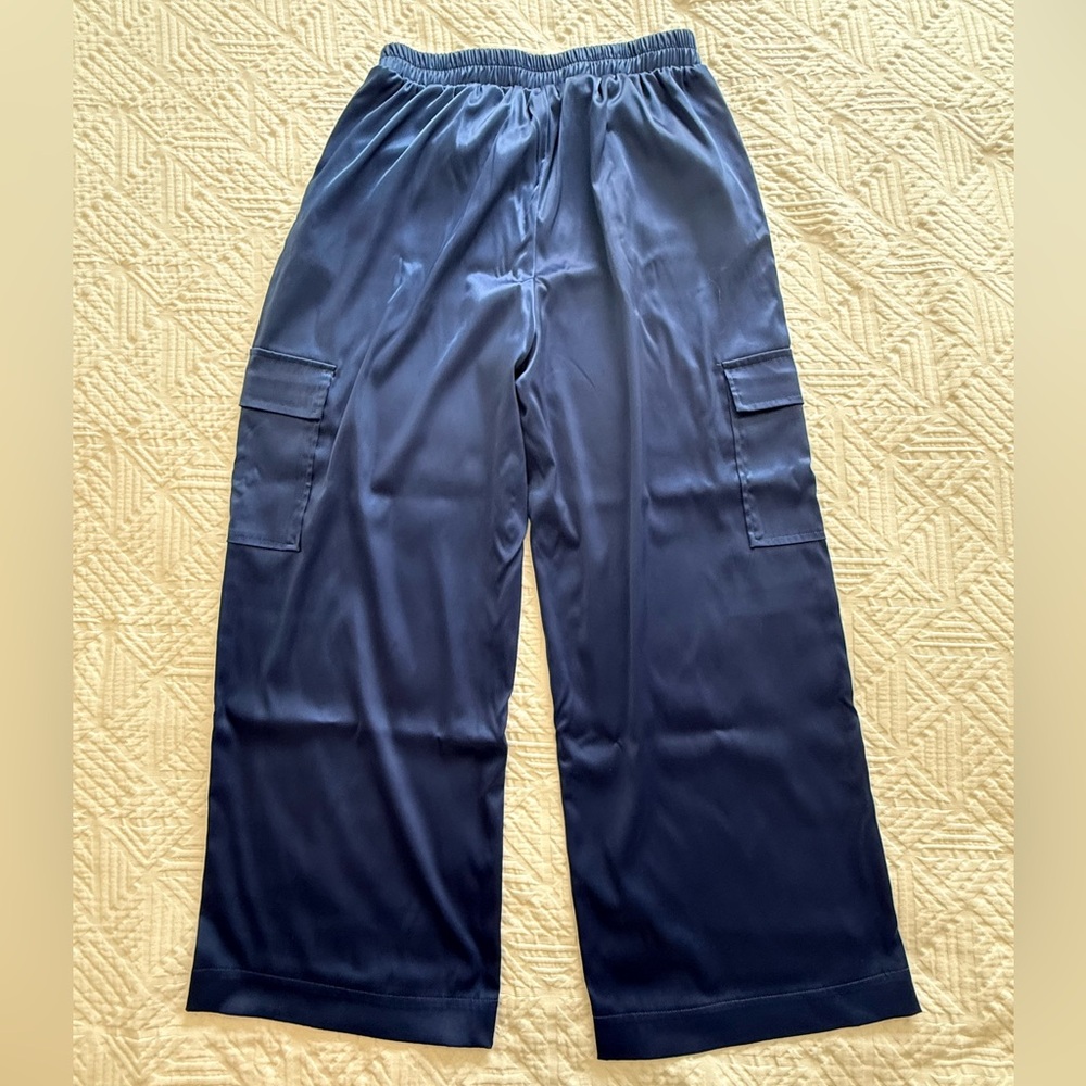 Women’s Navy Cargo Satin Wide-Leg Pants
